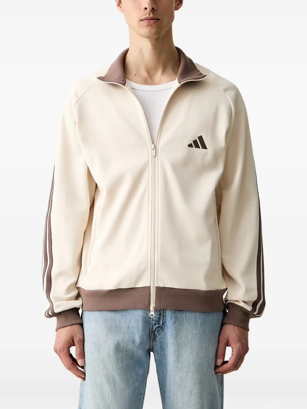 adidas logo-embroidered striped-sleeve zip-up sweatshirt Beige