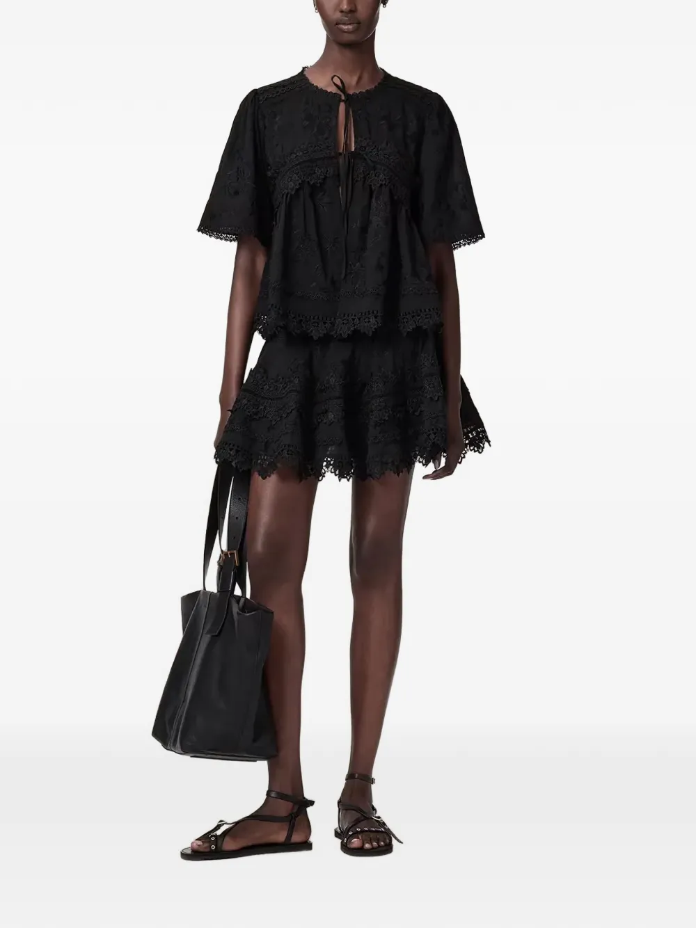AllSaints Lillith blouse met borduurwerk en korte mouwen Zwart