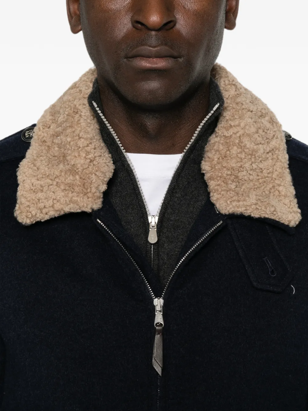 Brunello Cucinelli Shearling-collar Bomber Jacket In Blue