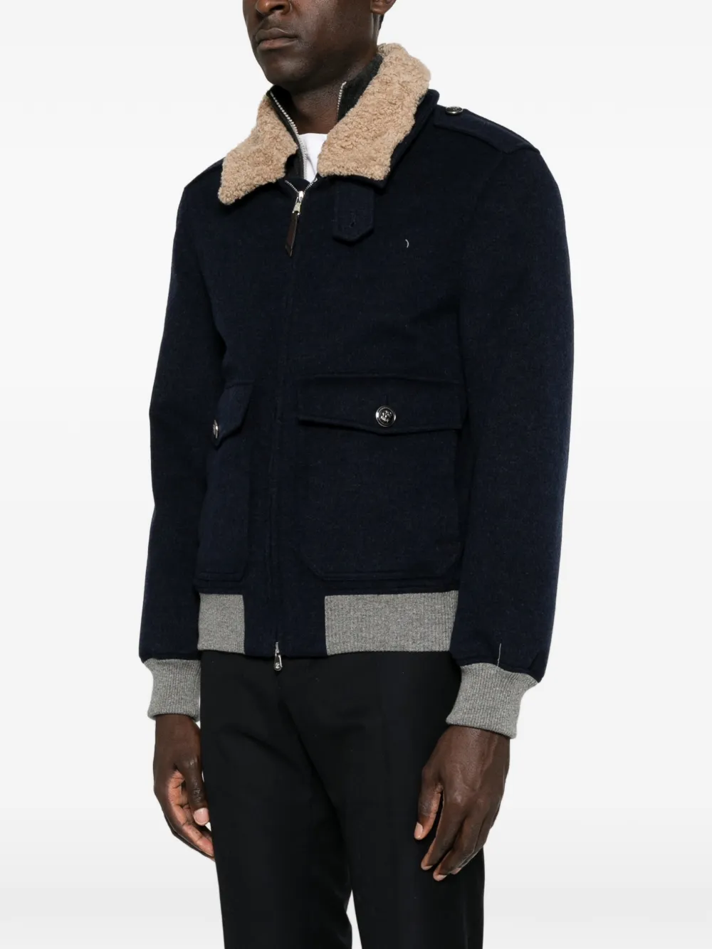 Brunello Cucinelli Shearling-collar Bomber Jacket In Blue