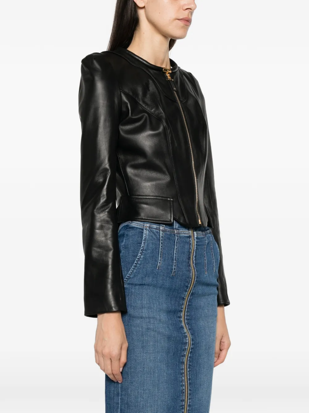 Elisabetta Franchi Leren jack met peplumzoom Zwart