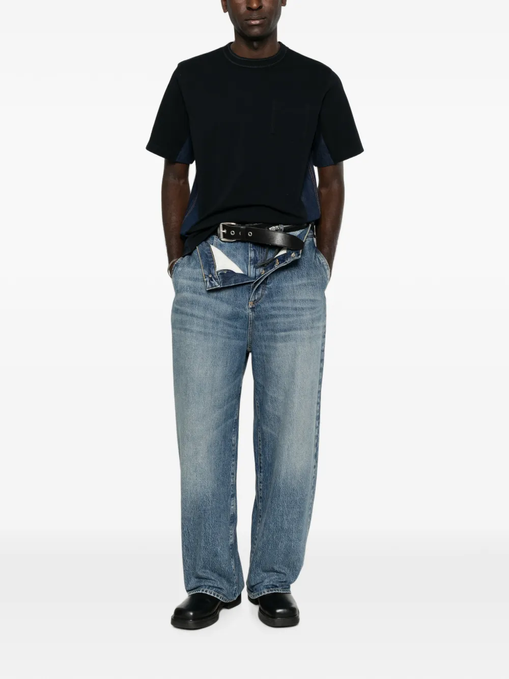 sacai T-shirt van denim en katoen Blauw