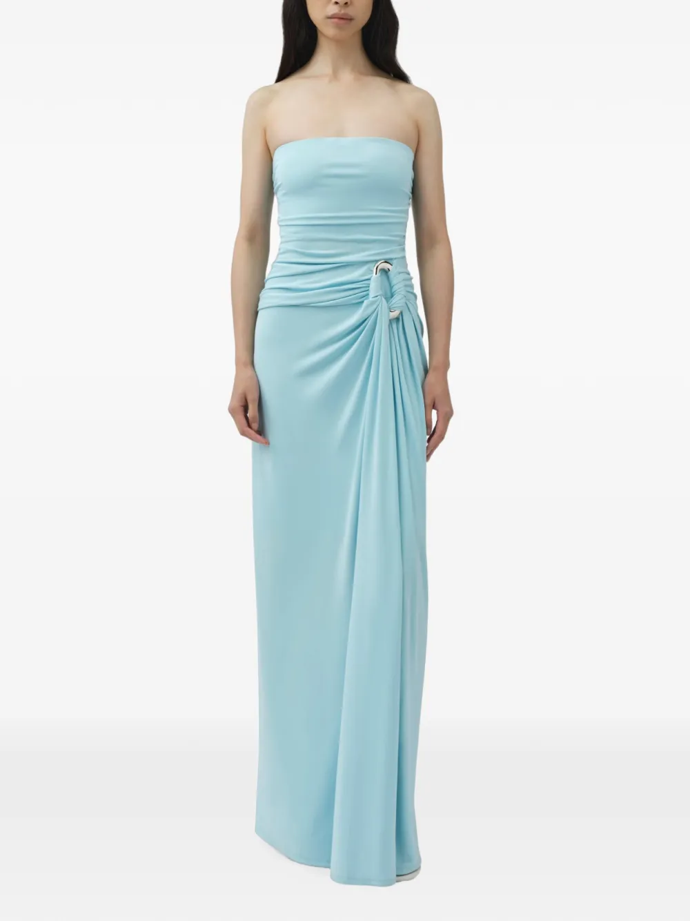 SIMKHAI Emma strapless bustier bodycon maxi gown Blauw