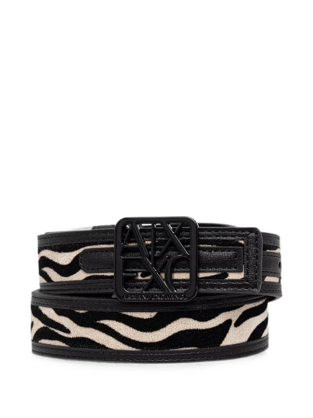 Armani Exchange Zebra-print Logo-buckle Belt In Black