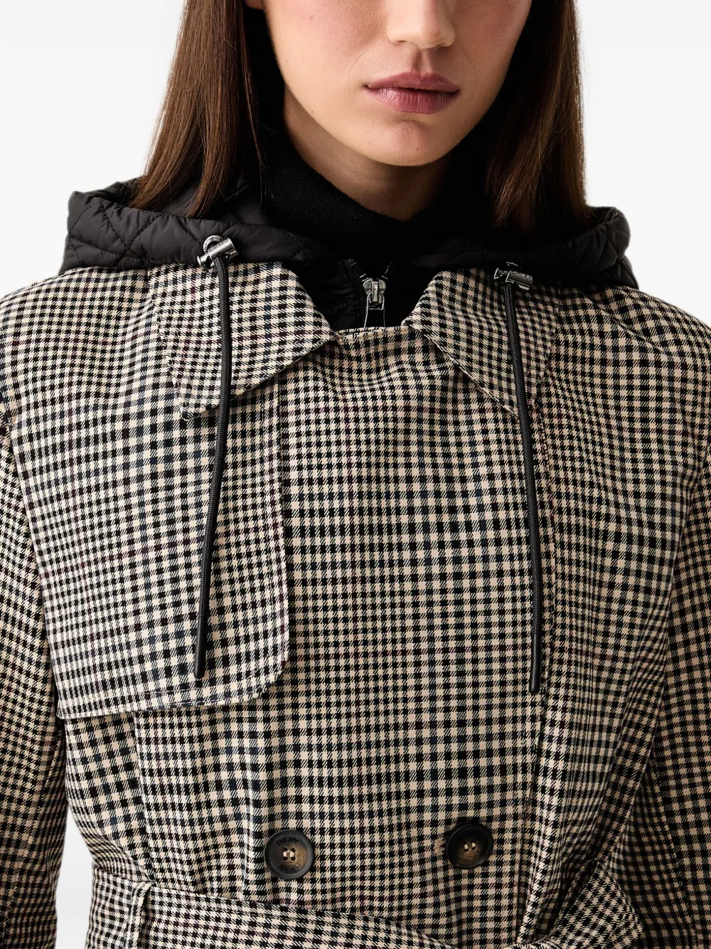 DKNY gingham-pattern hooded trench coat Beige