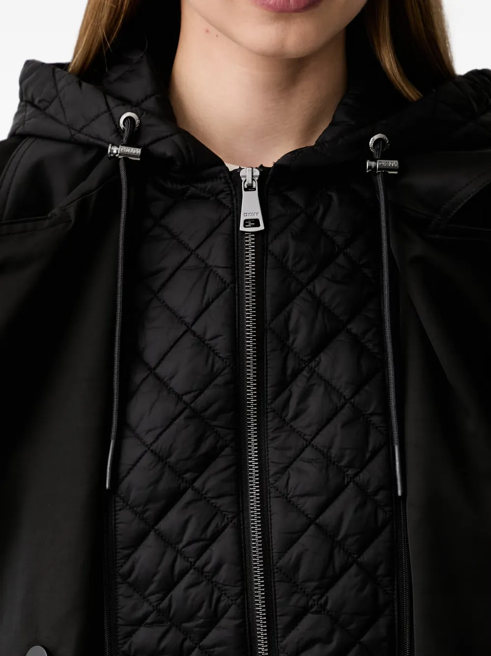 DKNY quilted-hood double-breasted trench coat Zwart