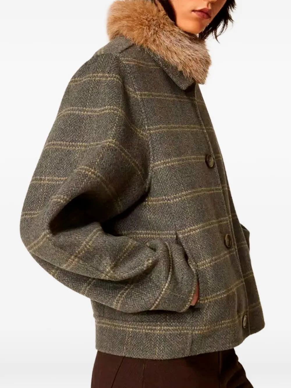 TWINSET Dubbel geruite wollen jas met imitatiebont Grijs