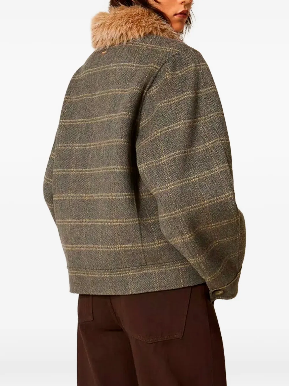 TWINSET Dubbel geruite wollen jas met imitatiebont Grijs