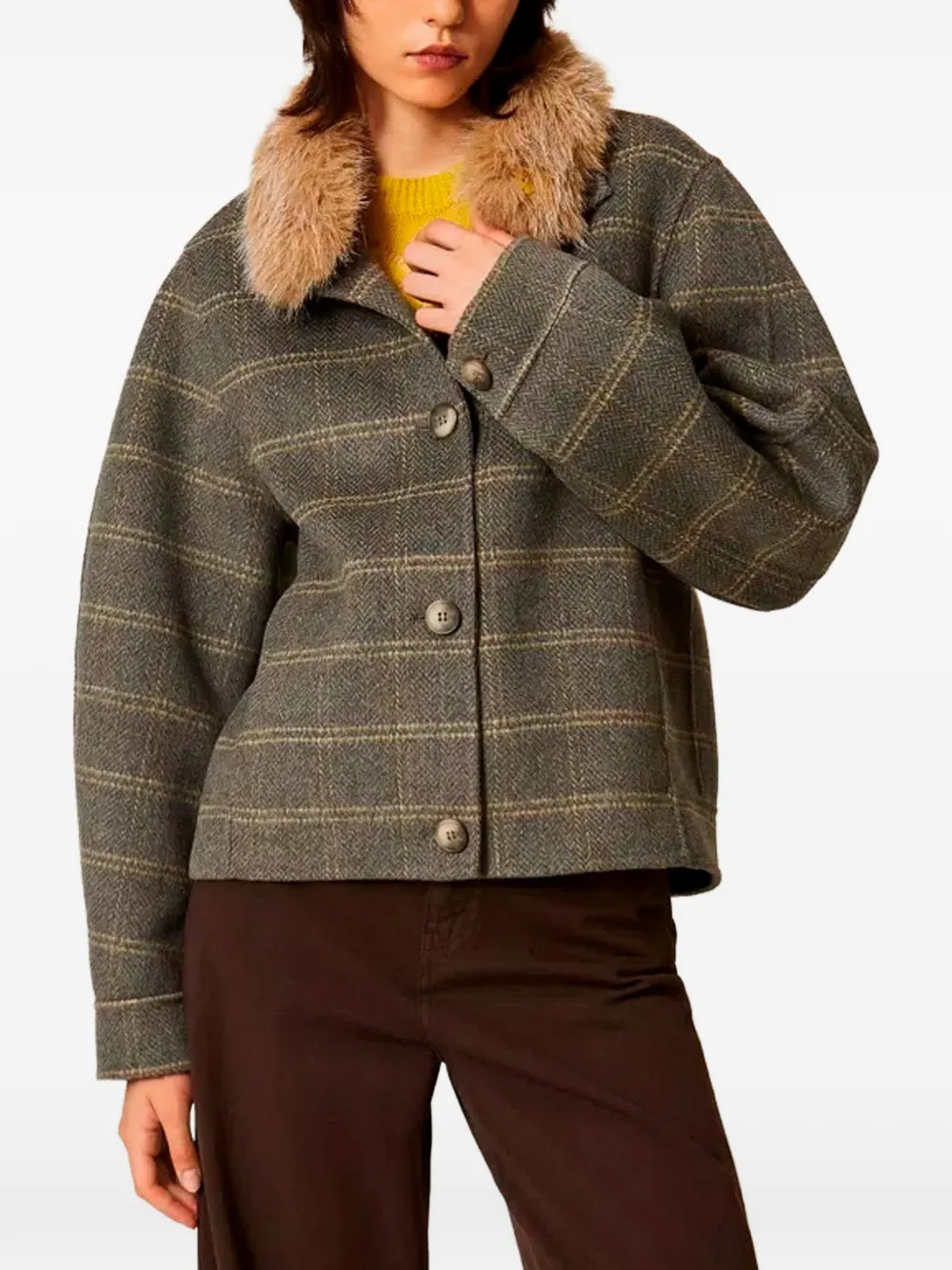 TWINSET Dubbel geruite wollen jas met imitatiebont Grijs