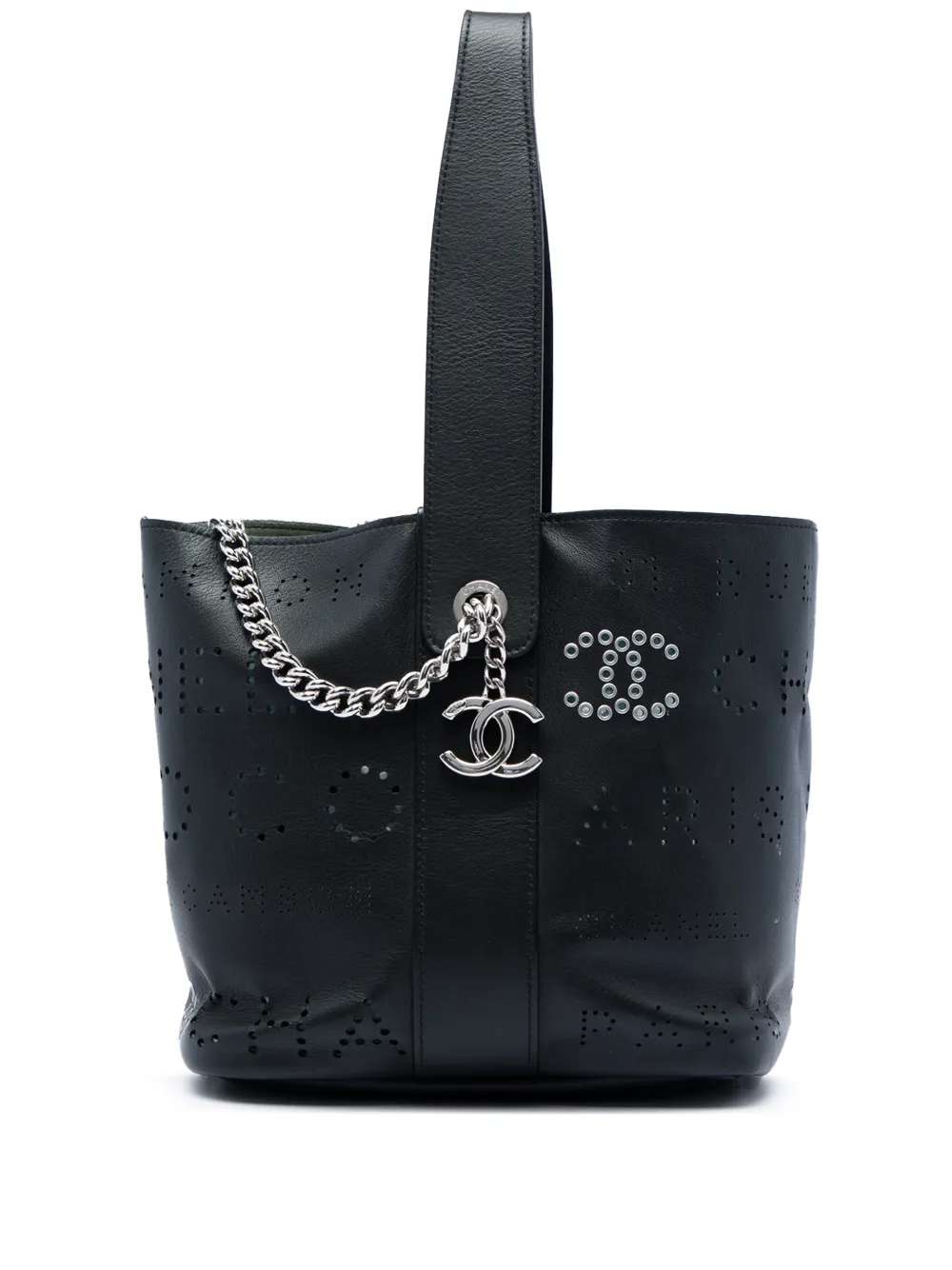 CHANEL Pre-Owned 2019 Small Perforated Calfskin Logo Eyelet bucket bag - Schwarz