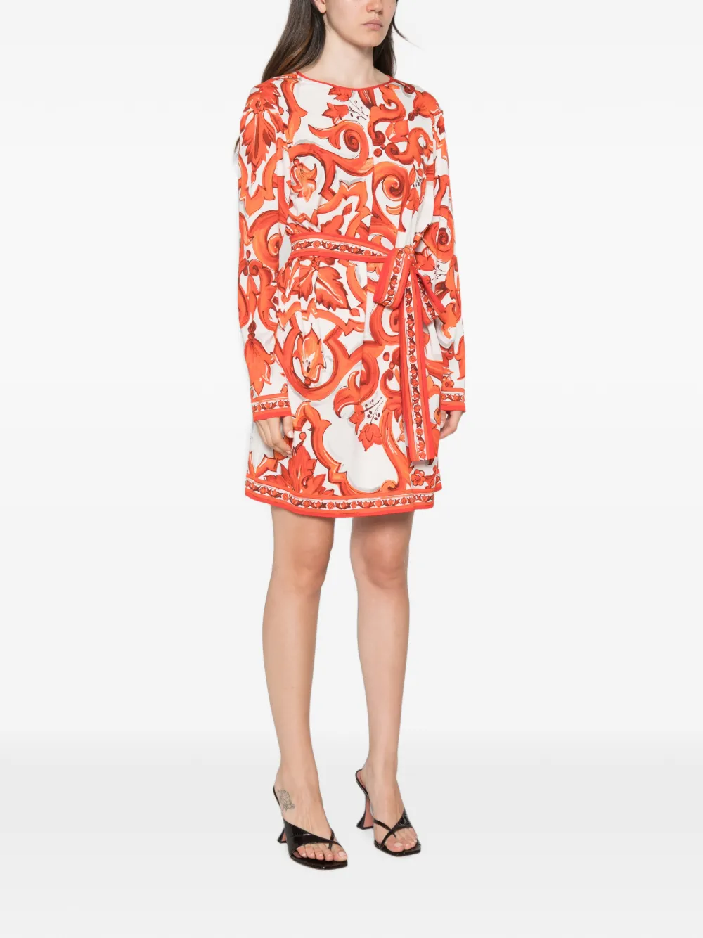 Dolce & Gabbana Mini-jurk met barocco-print en ceintuur Wit