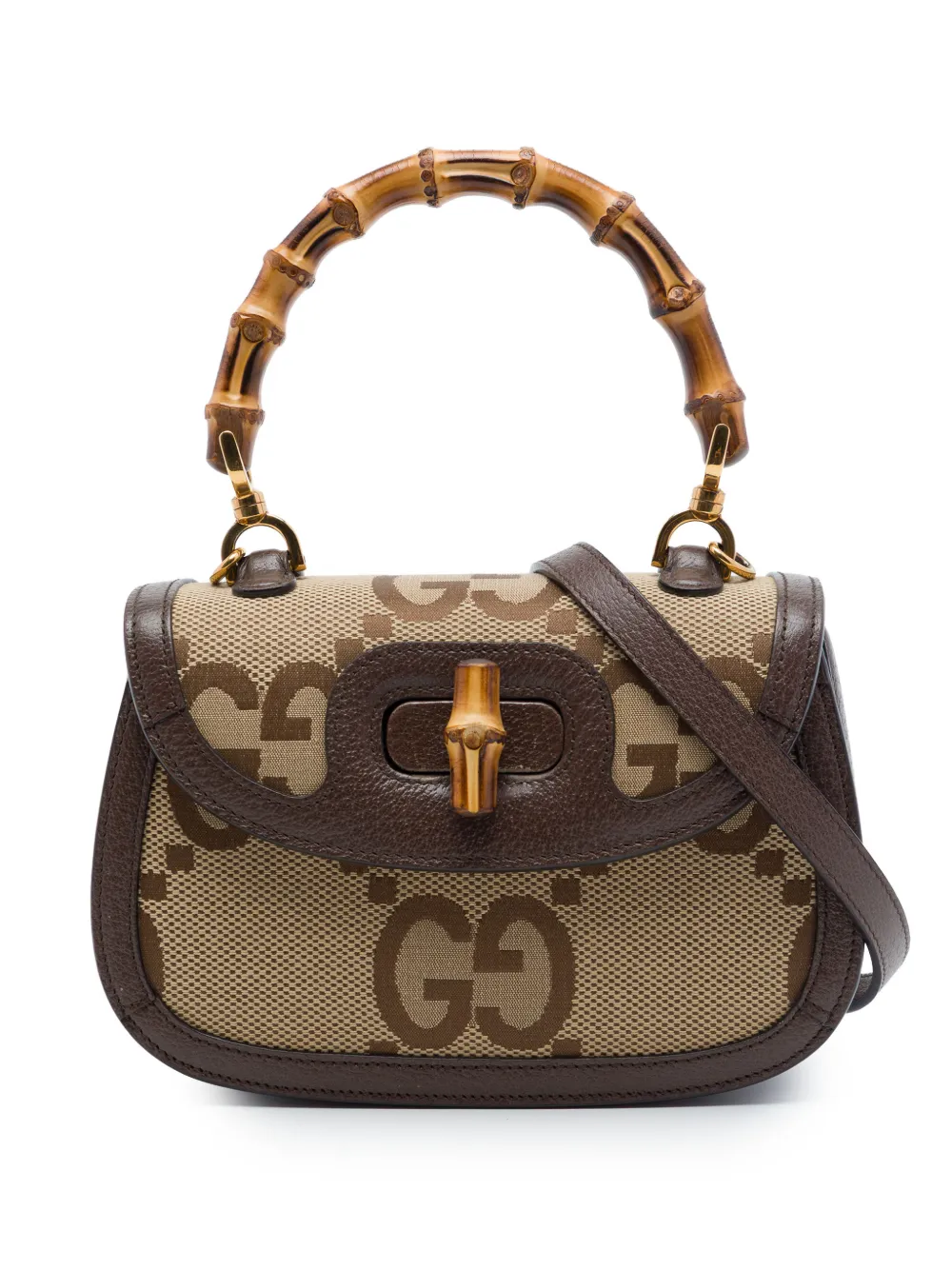 Pre-owned Gucci 2016-2026 Small Jumbo Gg Canvas Bamboo 1947 Top Handle Bag Satchel In Neutrals