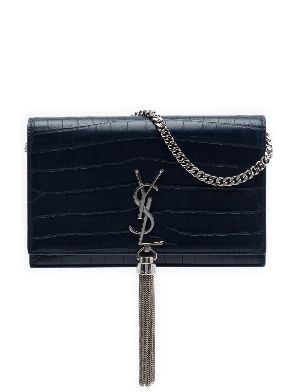 Saint Laurent Pre-Owned 2017 Croc Embossed Leather Monogram Kate Tassel Wallet on Chain crossbody bag - Blu