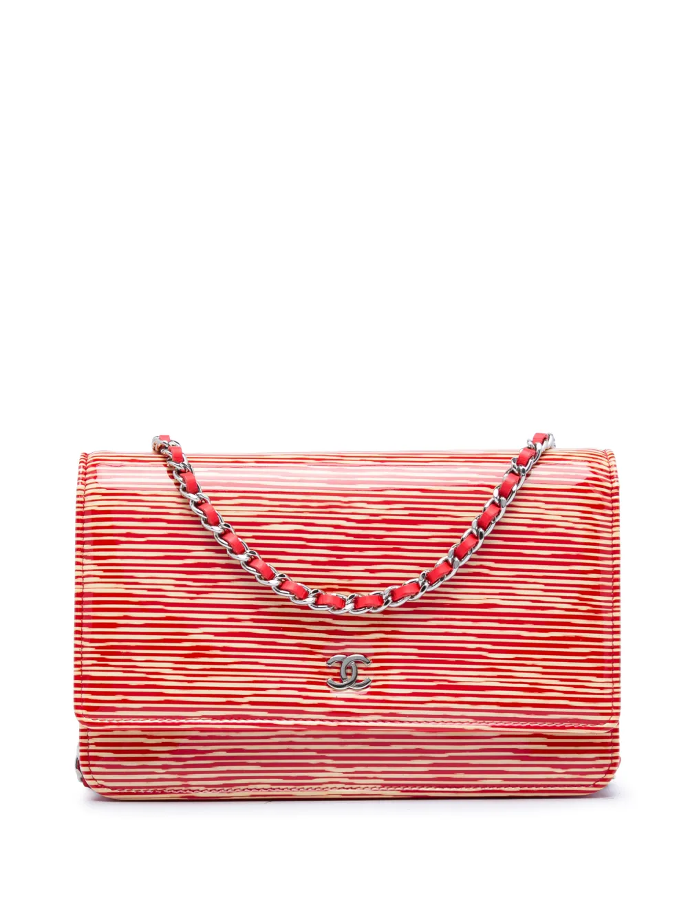 CHANEL Pre-Owned 2013-2014 CC Striped Patent Wallet On Chain crossbody bag - Red
