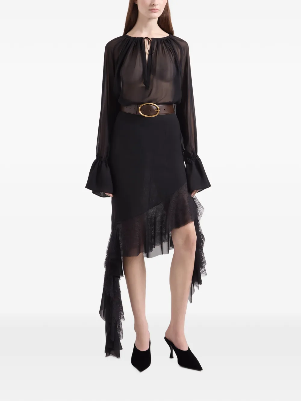 Nina Ricci asymmetric lace-trim midi skirt Zwart
