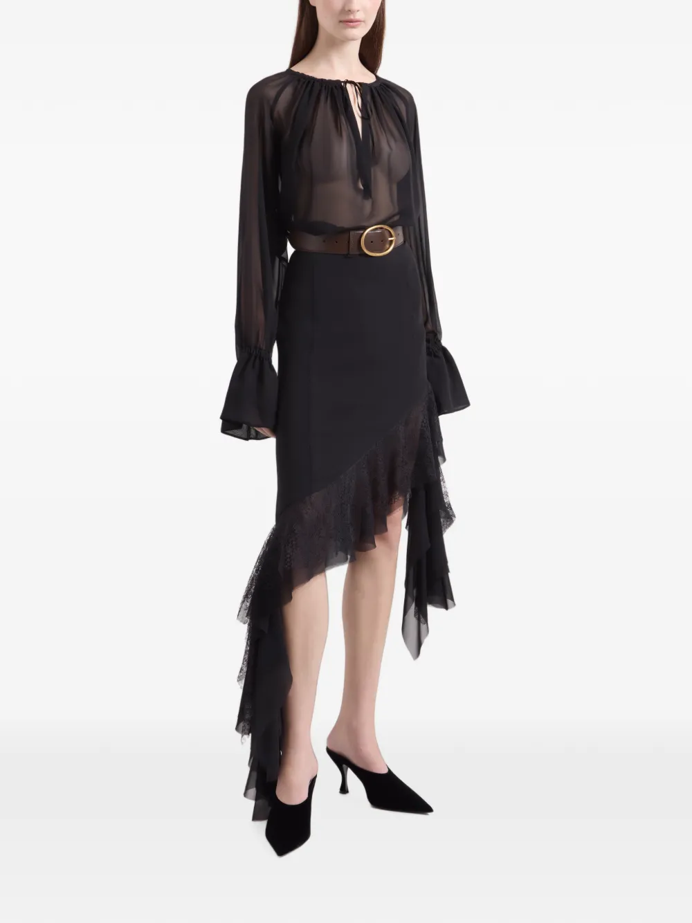 Nina Ricci asymmetric lace-trim midi skirt Zwart