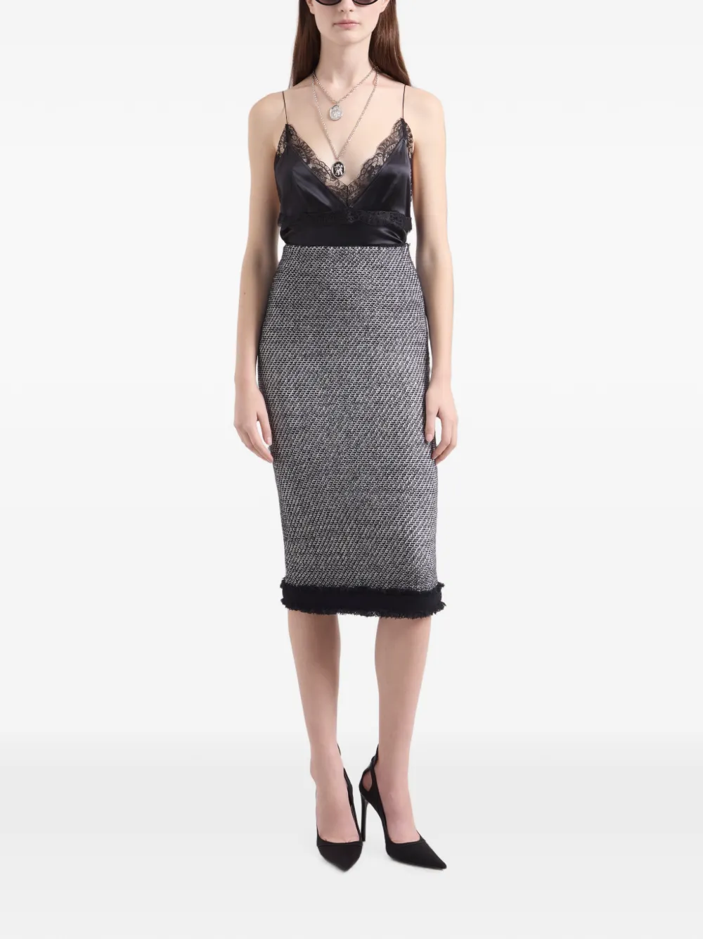 Nina Ricci Tweed Frayed-edge Midi Skirt in Grey, view 2
