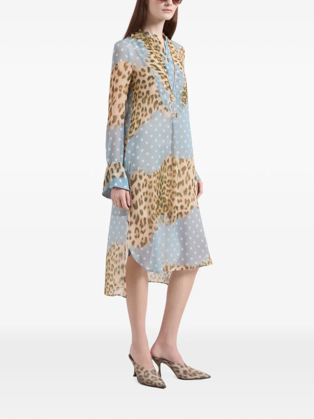 Nina Ricci Leopard and Polka-dot Print Shirt Midi Dress in Blue, view 3
