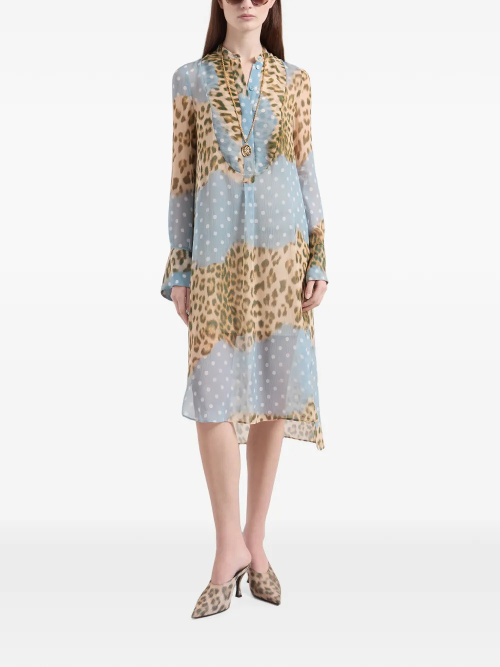 Nina Ricci Leopard and Polka-dot Print Shirt Midi Dress in Blue, view 2