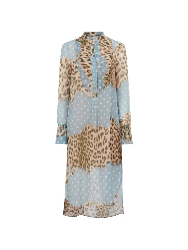 Nina Ricci Leopard and Polka-dot Print Shirt Midi Dress in Blue