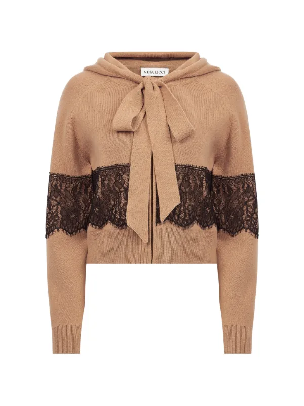Nina Ricci Lace-trim Pussy-bow Hoodie in Neutrals