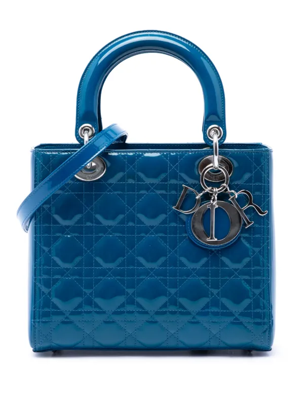 Dior Pre-owned 2015 Medium Patent Cannage Lady Dior Satchel in Blue