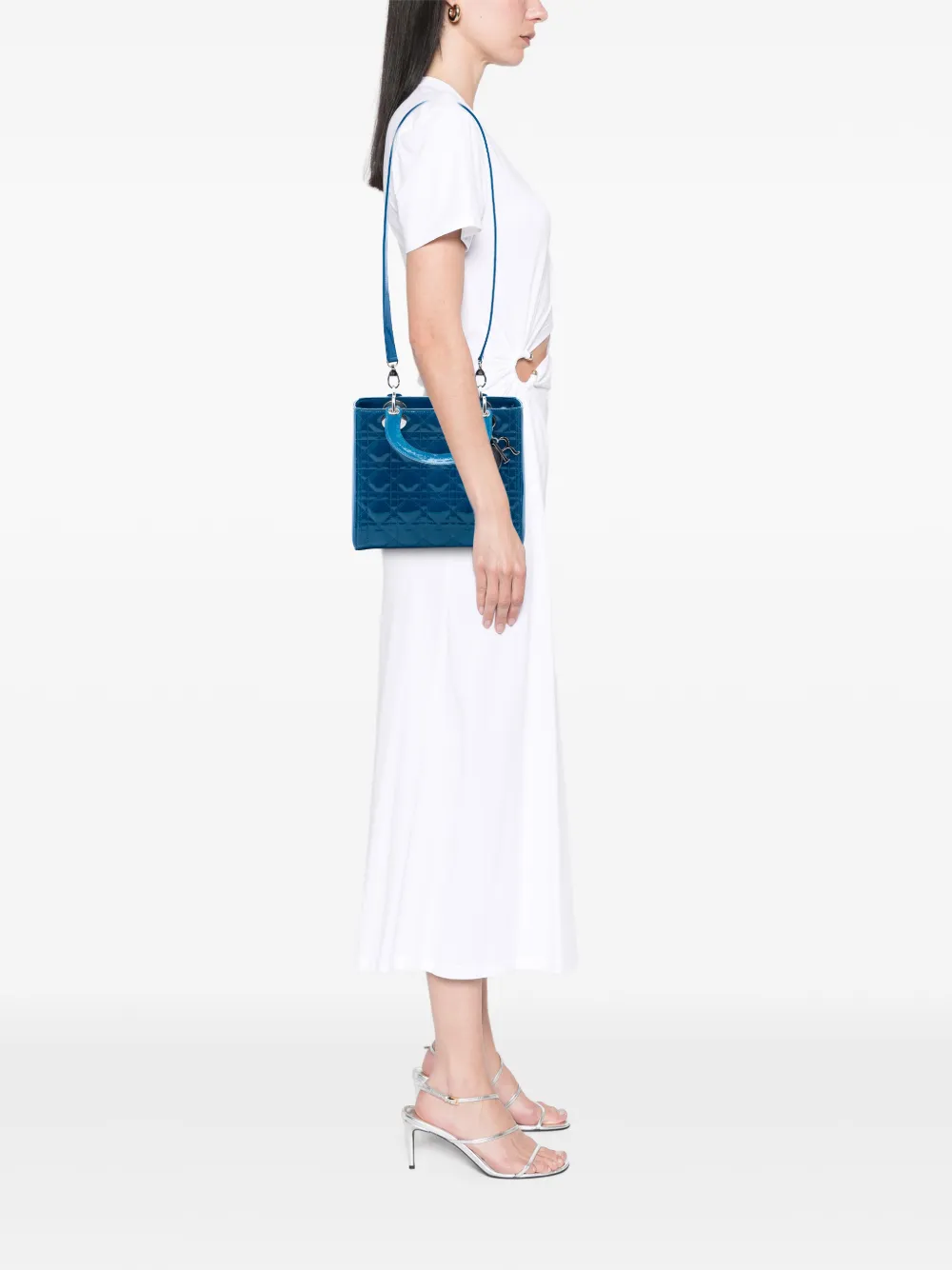 Dior Pre-owned 2015 Medium Patent Cannage Lady Dior Satchel in Blue, view 2