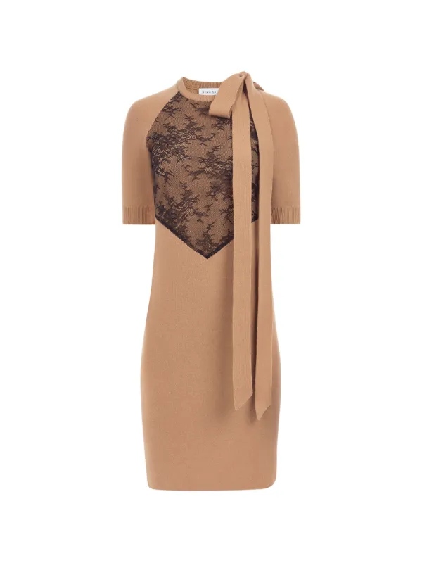 Nina Ricci Lace-panelled Bow-detail Midi Dress in Neutrals