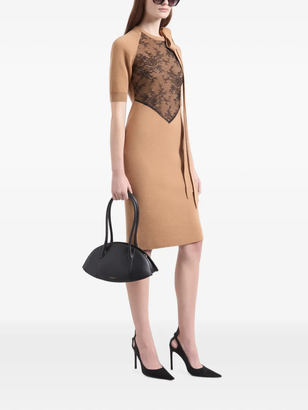 Nina Ricci Lace-panelled Bow-detail Midi Dress in Neutrals, view 3