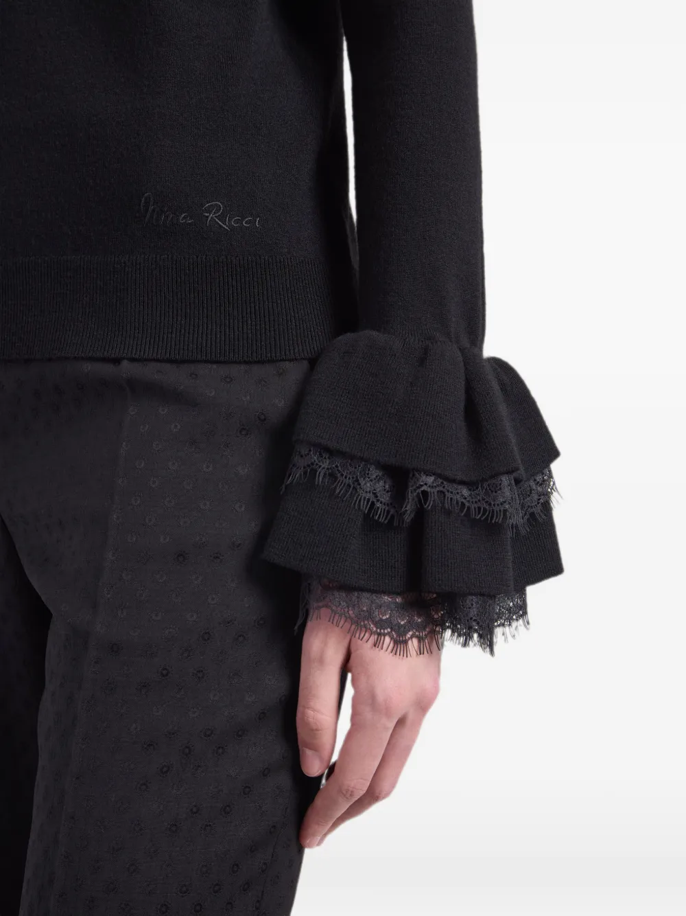 Nina Ricci Lace-trim Ruffled-cuff Sweater in Black, view 5
