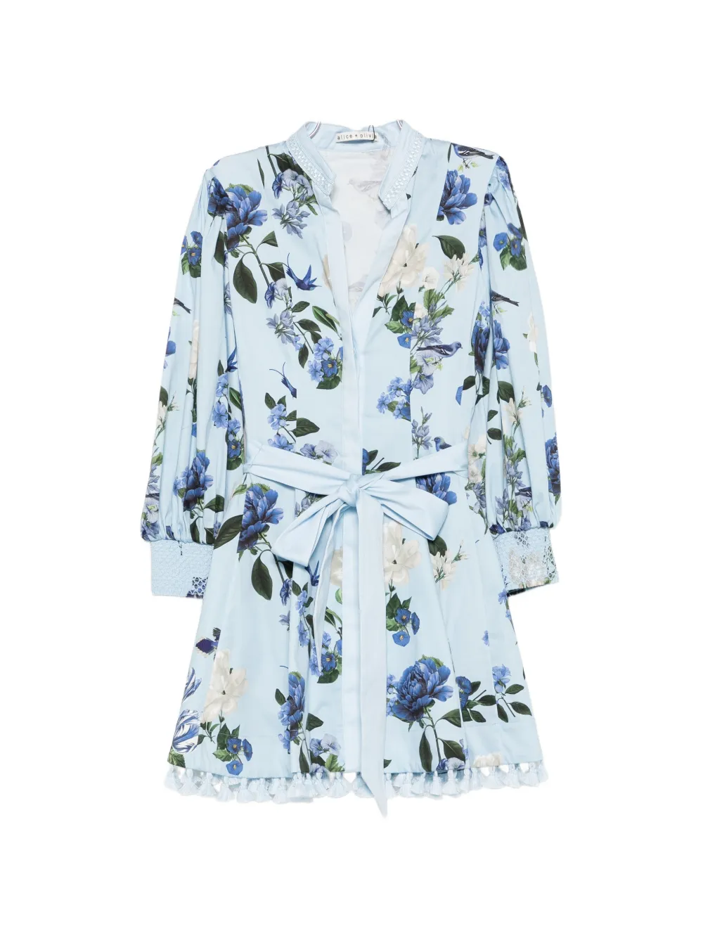alice + olivia floral-print tassel-trim mini dress - Blue