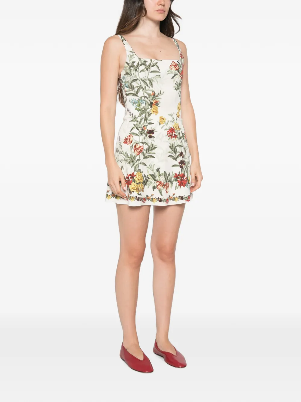 alice + olivia floral-print square-neck mini dress Beige