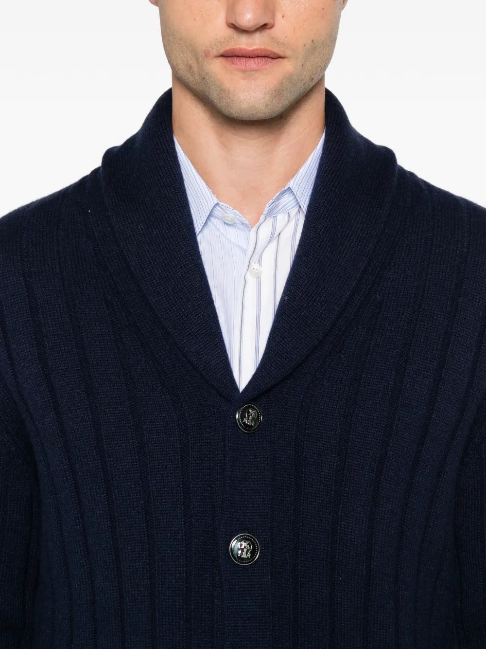 Brunello Cucinelli ribbed-knit shawl-collar cardigan Blauw