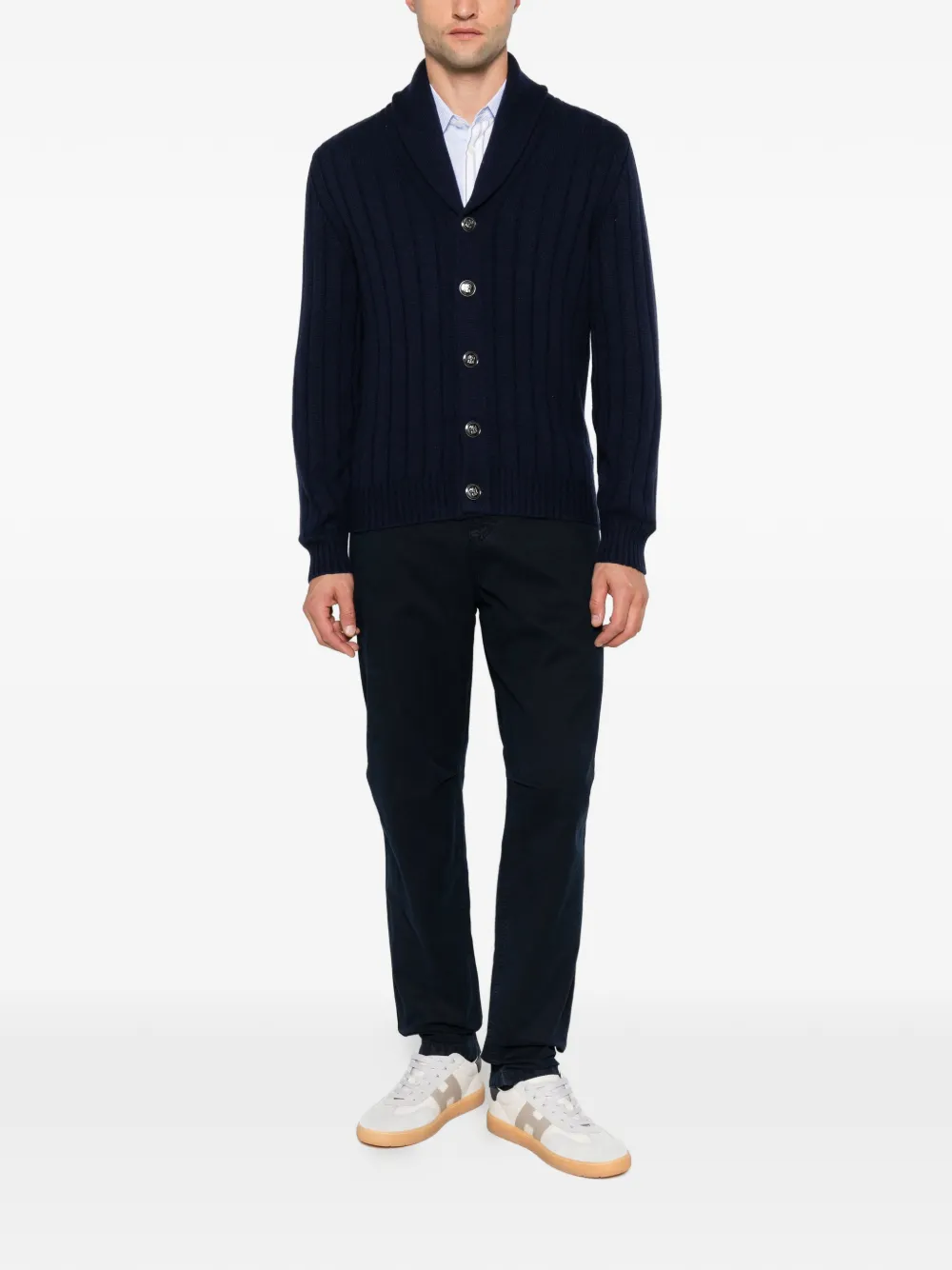 Brunello Cucinelli ribbed-knit shawl-collar cardigan Blauw