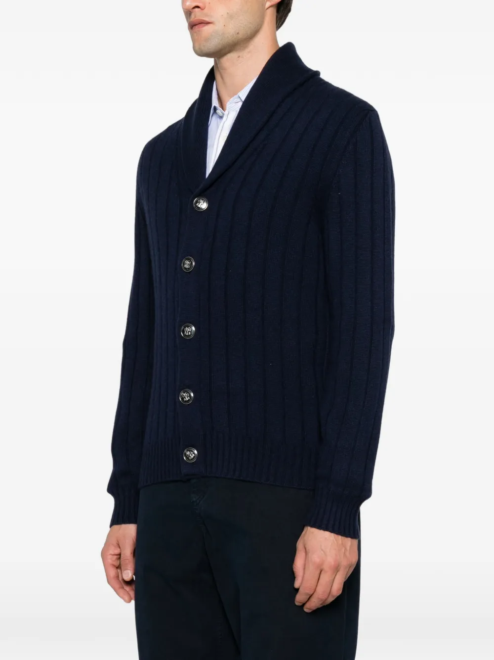 Brunello Cucinelli ribbed-knit shawl-collar cardigan Blauw