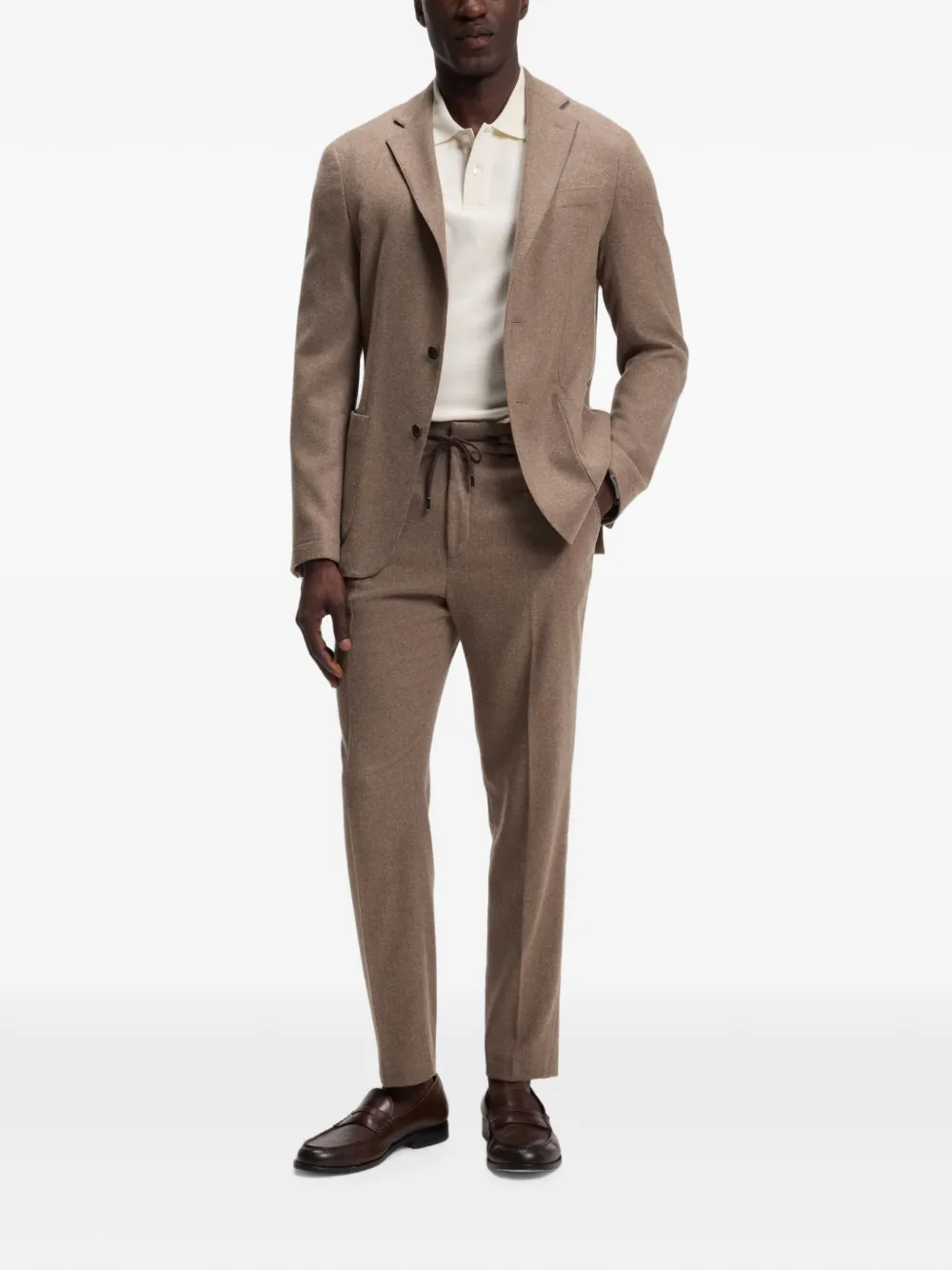 BOSS Slim-fit blazer van afwasbaar performance stretch flanel Bruin