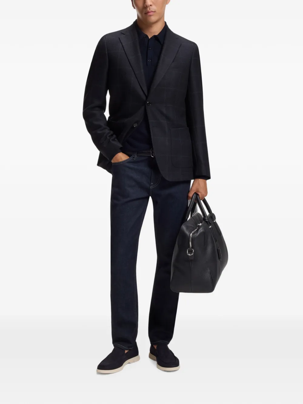 BOSS Geruite slim-fit blazer met scheerwol Blauw