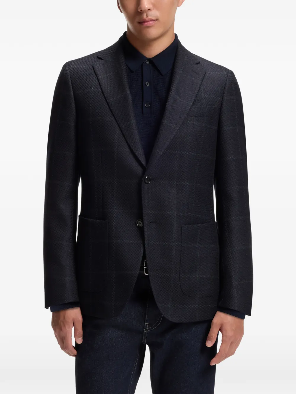 BOSS Geruite slim-fit blazer met scheerwol Blauw