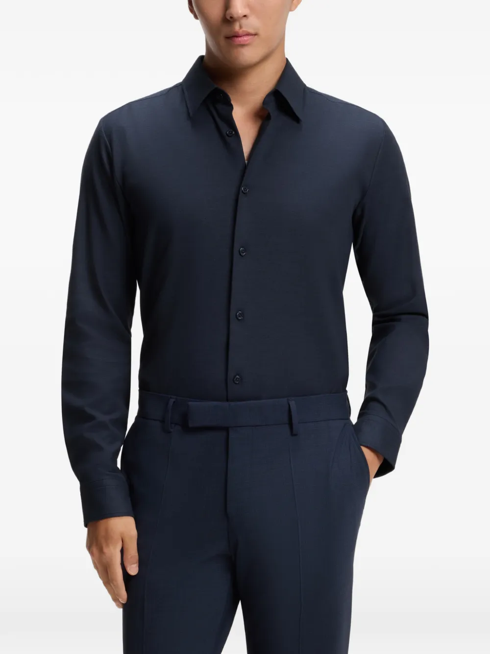 BOSS Slim-fit overhemd van stretch melange katoenen Blauw