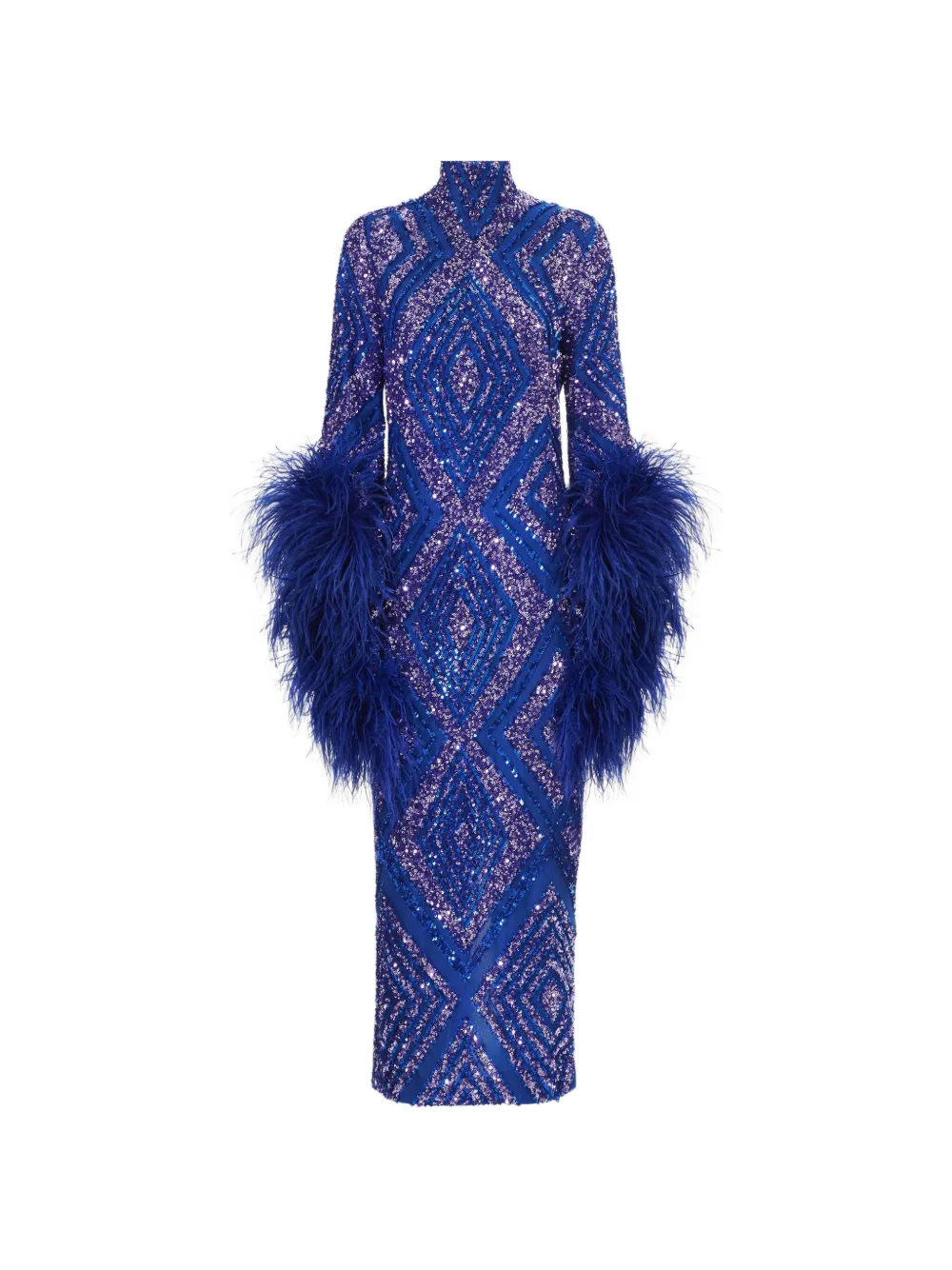 Taller Marmo Del Rio Disco Sequin-embellished Feather-trim Maxi Dress In Blue