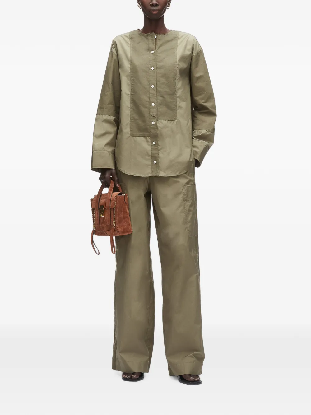 3.1 Phillip Lim collarless cotton-poplin shirt Groen