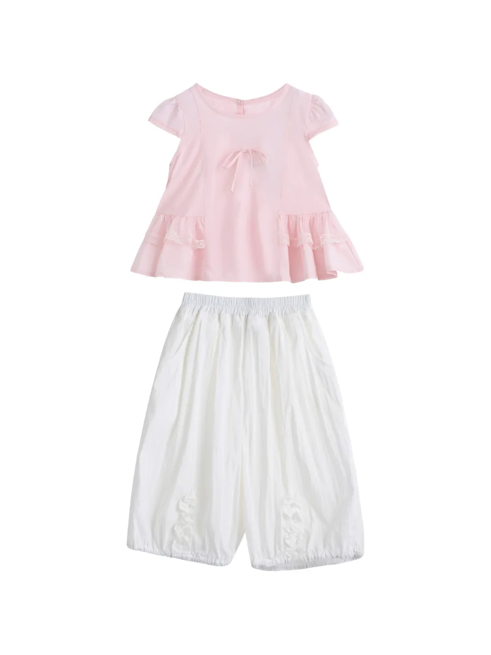 Sweet Cactus lace-trim bow shorts set - Pink