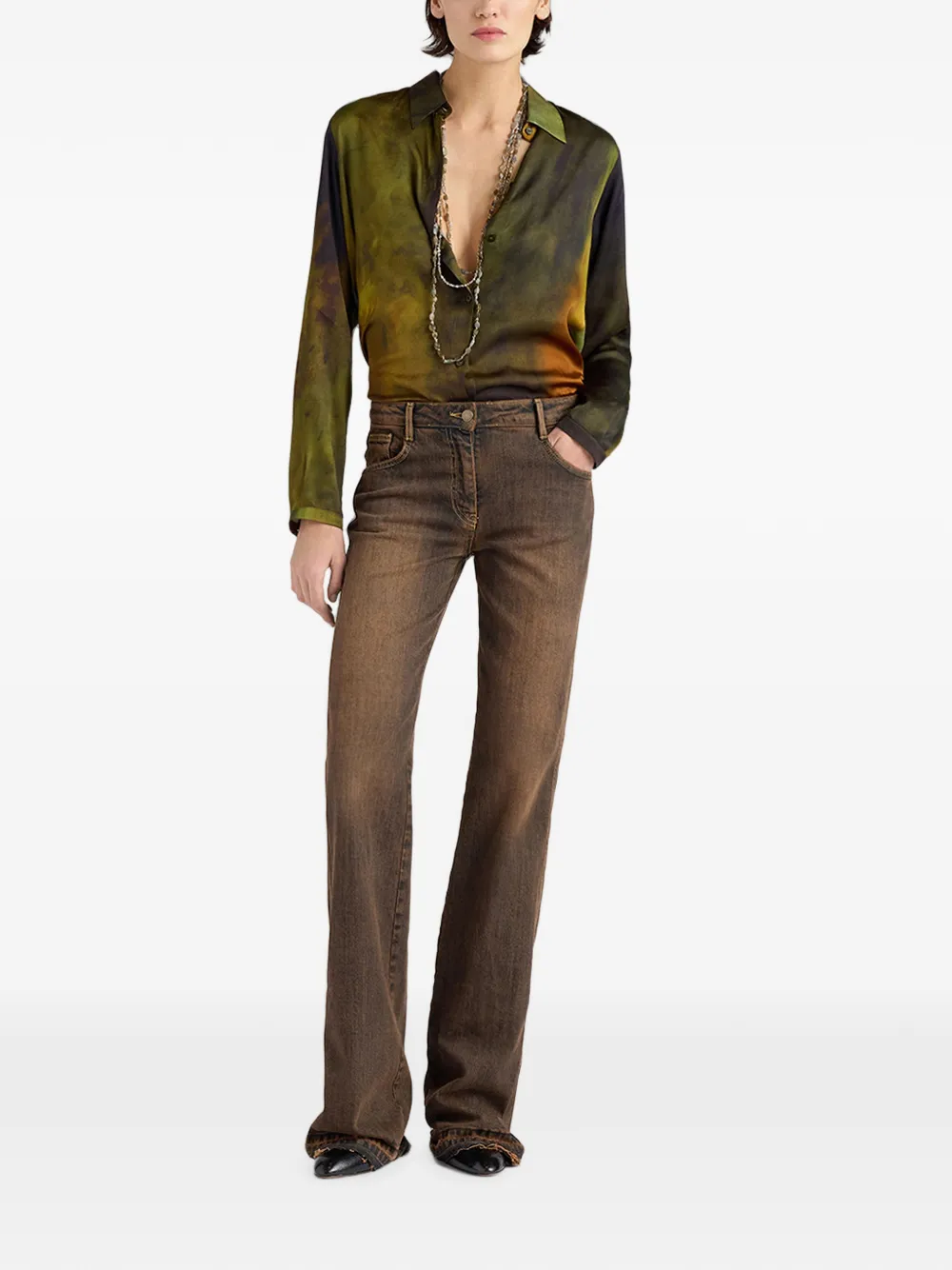 MOMONÌ Luis flared jeans met stonewashed-effect Bruin