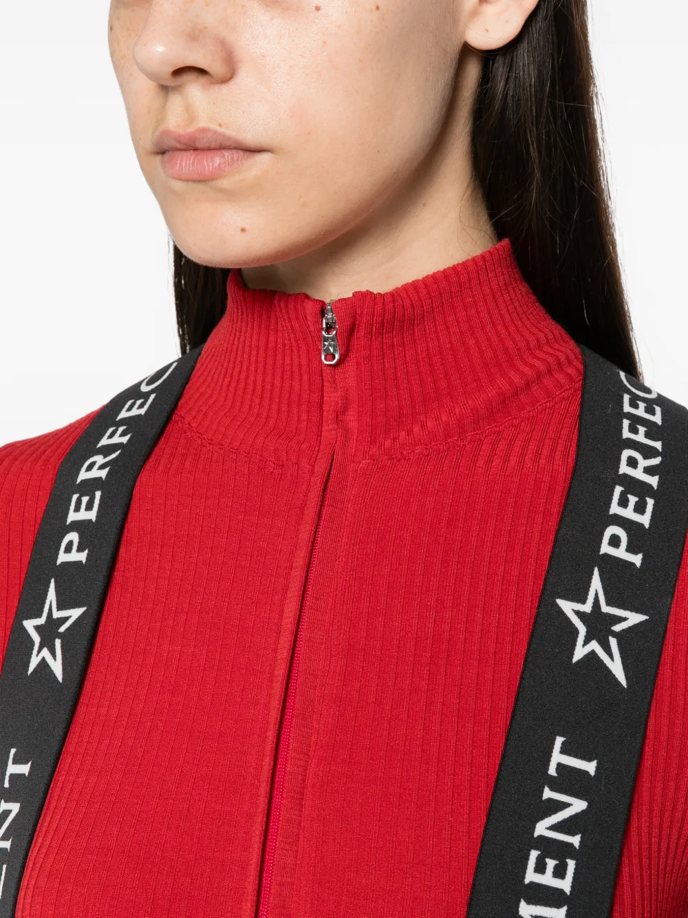 Perfect Moment ribbed-knit zip-up base layer Rood