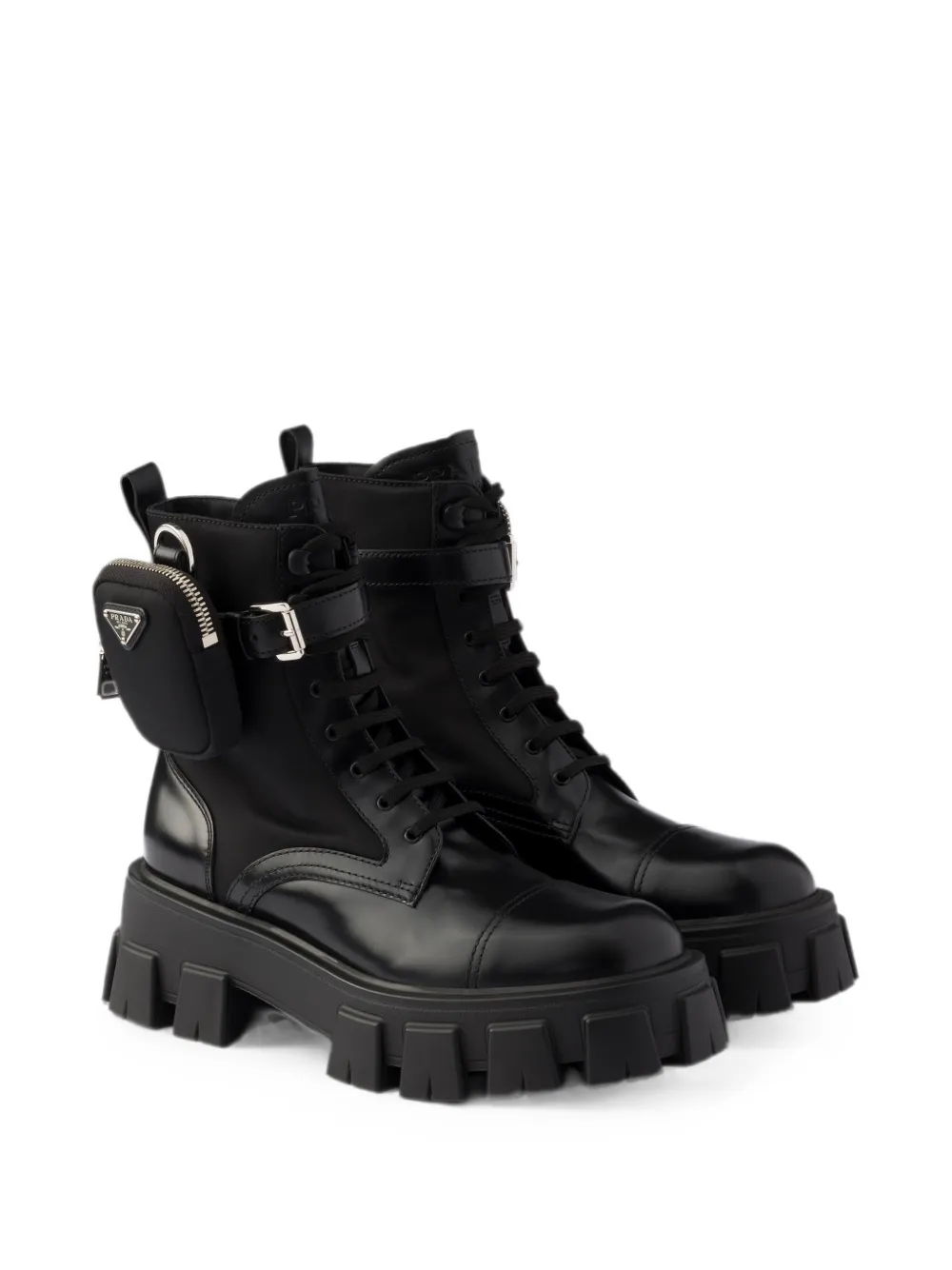 Prada Monolith leather and Re-Nylon boots with pouch Zwart
