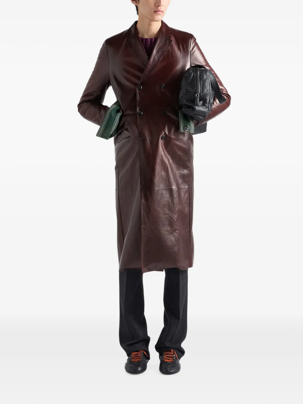 Prada double-breasted nappa leather coat Bruin