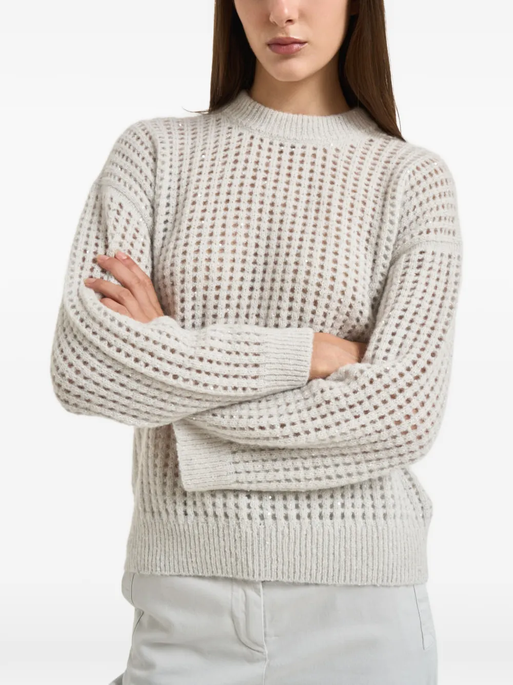 Peserico Opengebreide trui verfraaid met pailletten Beige