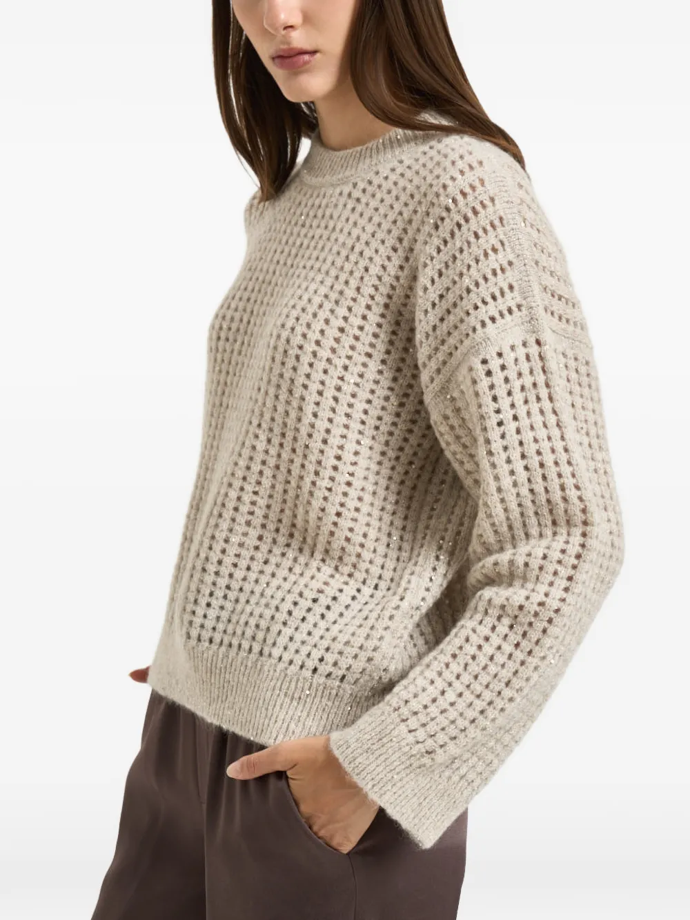 Peserico Opengebreide trui verfraaid met pailletten Beige