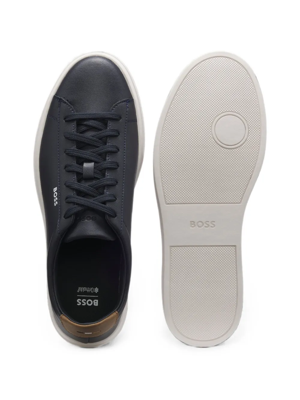 BOSS Kieran cupsole trainers in leather with Signature-stripe stitching Blauw