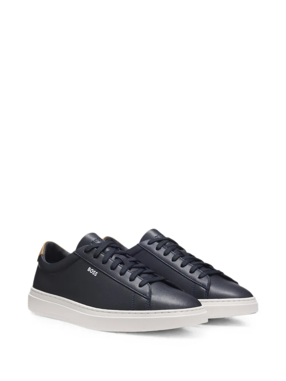 BOSS Kieran cupsole trainers in leather with Signature-stripe stitching Blauw